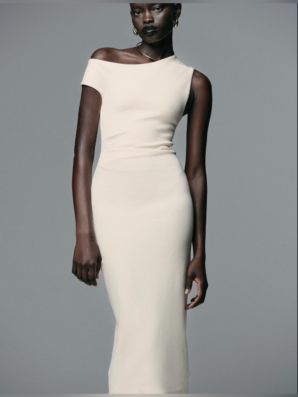 Zara One-Shoulder Cream Midi Bodycon Dress - Picture 7 of 10